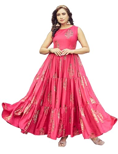 Samprag Rayon Gown for Women | Full Length | Printed | Fit & Flare | Sleevesless | Round Neck | Stylish | Ethenic Dress | Ideal for Casual, Wedding & Party Occassions | Pink | M