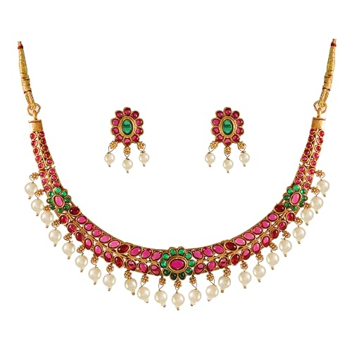 CUTE GOLD Antique Oxidised Plating Necklace With Earring For Women and Girls | Antique Temple Necklace Set for Women & Girls(AN-360) (Modern)