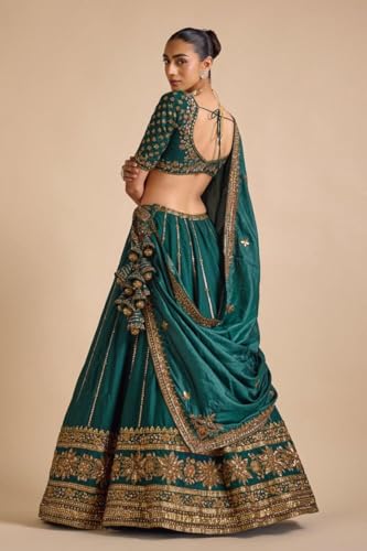 JIHU CULTURE Dark Green Vichitra Silk Sequence Embroidery Work Semi- Sttiched Lehenga Choli Set For Women's-JH254GRN