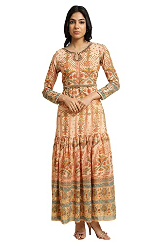 W for Woman Women's Polyester Beige Printed Tiered Dress with Embroidery Calf Length (23FEW11052-118561_Rust_6)