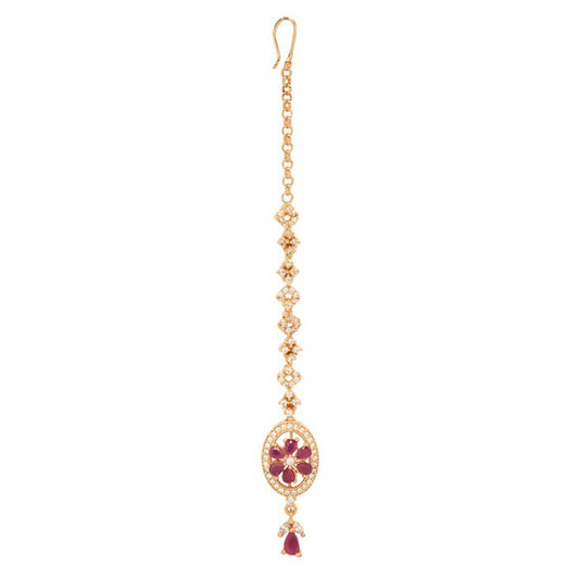 Rubans 18K Rose Gold Plated Pink & White Zircon Studded Handcrafted Maang Tikka for Women & Girls Oval Shaped Centerpiece, Perfect for Any Occasion