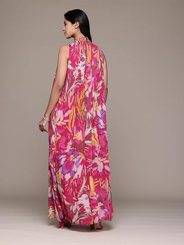Ritu Kumar Band Collar Sleeveless Long Dress Fushcia