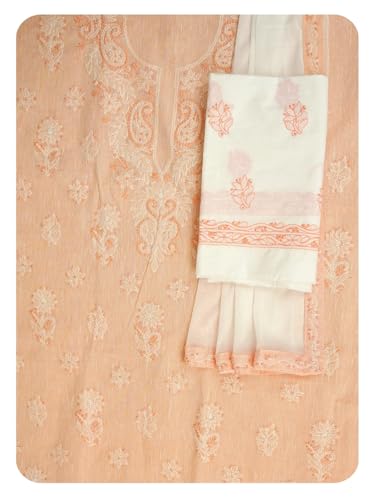 Ada Hand Embroidered Lucknowi Chikankari Unstitched Linen Dress Material Suit Piece with Dupatta for Women 01A885295 Peach