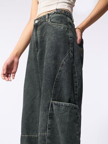 The Souled Store Mirage: Women and Girls Adjustable Waistband with Flex-Fit Tabs Charcoal Grey Washed Cotton Denim Barrel Fit Lightweight Breathable All-Season Everyday Denim Jeans
