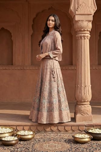 Aurelia Women's Rose Gold Embroidered Floral Zari Tissue A-line Crop Top with Skirt and Jacket Set - (AD10773-E609500-M)