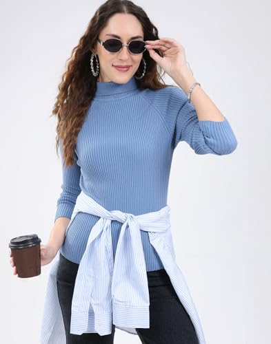 Monte Carlo Women's Regular Fit Solid T Neck Full Sleeve Sceavy| Warm Woolen Sweater for Ladies | Stylish Body Fit Knitwear | Soft Comfortable Winter Wear Top Blue 3XL