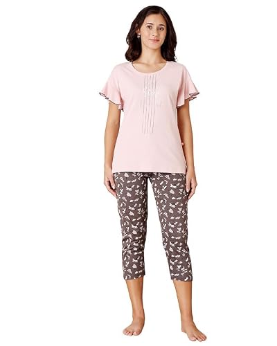 BODYCARE Women's Cotton Printed T-Shirt and Capri Set | Soft & Breathable Nightwear | Short Sleeves | Loungewear Co-Ord Set| BSCS16034_100 Multicolour