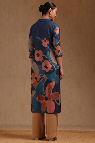 Soch Womens Navy Blue Linen Floral Print Kurta with Beads