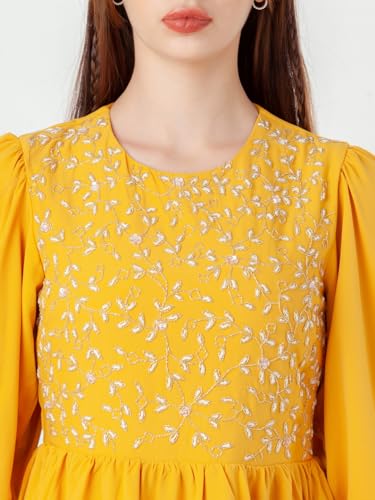 Zink London Women's Yellow Embroidered Flared Short Dress