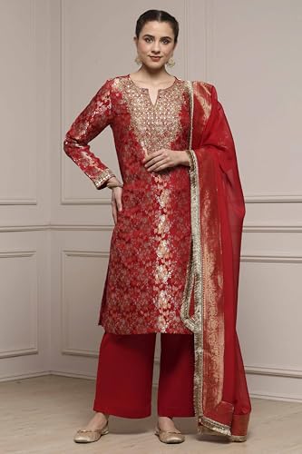Biba Women Red Viscose Rayon Straight Yarndyed Suit Set_38