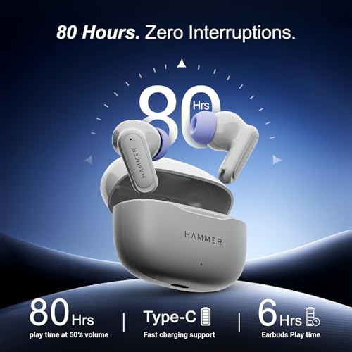 HAMMER Airflow Neo Earbuds with 80H Playtime, 13mm Titanium Driver, 40ms Gaming Mode, Fast Charging Buds, Type-C Charging, Voice Assistant, Lightweight Dual-Tone Design (Grey)