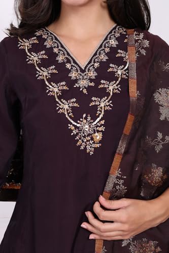 W for Woman Purple Embroidered Straight Kurta, Pants and Dupatta Set - (WS13238-224189-XL)