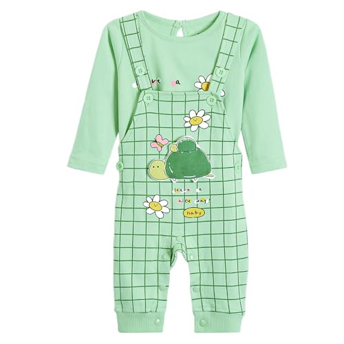 Hopscotch Girls Full Sleeves Green 2-Pc Turtle Applique Cotton Dungaree Set For Ages (9-12 Months)