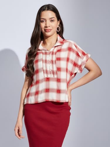 Latin Quarters Women Red Collared Short Sleeve Checks Top Blouse for Casual Wear_M