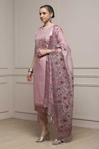 Biba Women Pink Linen Blend Hand Embroidered Unstitched Suit Set_FREE SIZE