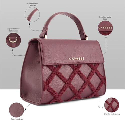 Caprese Athena Small Chenille Embroidery Faux Leather Satchel for Women | Elegant Multi-Compartment Shoulder Handbag with Adjustable & Detachable Strap | Premium Magnetic Button Closure (Cherry)