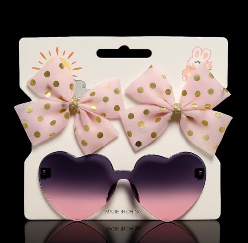 Tresneria Cute Kids Sunglasses Combo | Heart Shaped Purple Pink Goggles with Golden Polka Bow Hair Clips for Girls