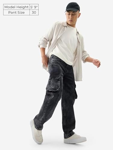 The Souled Store Solids: Stone Grey Men and Boys Buttoned Straight Fit Cargo Jeans