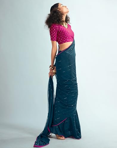 SIRIL Women's Georgette Sequence Work Saree Saree With Unstitched Blouse Piece (3475S705_Blue)
