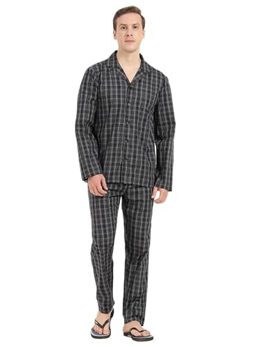 Hancock Men Cotton Checked Relaxed Fit Night Suit Black Size XL