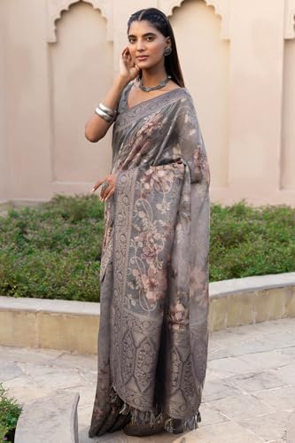 Soch Womens Grey Chanderi Floral Print Saree With Zari Woven