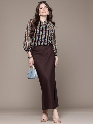 Label RITU KUMAR Round Neck Full Sleeves Printed Top with Inner Navy