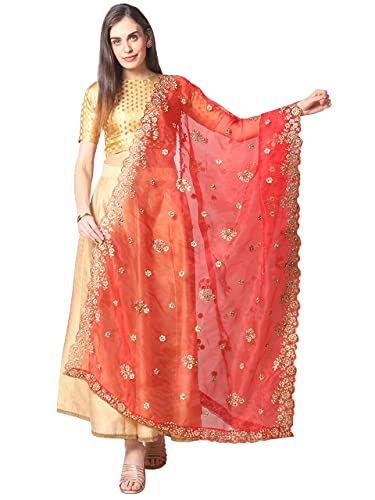 DUPATTA BAZAAR Women's Embroidered Red Glass Tissue Dupatta