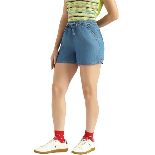 United Colors of Benetton Solid Skinny Fit High Waist Tencel Shorts (Size: 34) - 26P4DENIM159I901 Blue