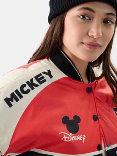 The Souled Store Official Mickey Mouse: Racing Club 28 Women and Girls Long Sleeve Button Front Graphic Print Oversized Fit Varsity Jackets