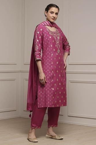 Biba Women's Cotton Jacquard Kurta Set (SKDVRNSI30719AW25PINK_Pink