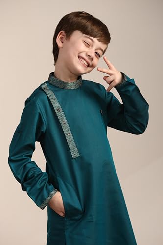 Manyavar Boys Blue Blended Cotton Kurta Pyjama Set((6-8 years)