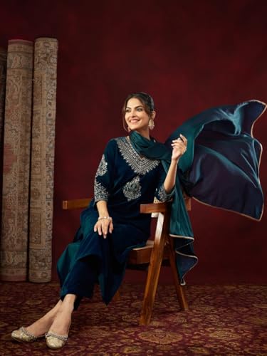 VARNI FABRICS: A lady's First Love Women's Teal Velvet Embroidered Salwar Suit With Chinon Dupatta, Festive Ethnic Wear (IN, Alpha, M, Regular)