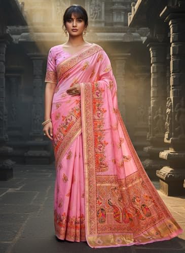 Glory Sarees Women's Pashmina Dola Silk Lagdi Patta Saree With Blouse Piece (Pashmina_Silk106_Pink)