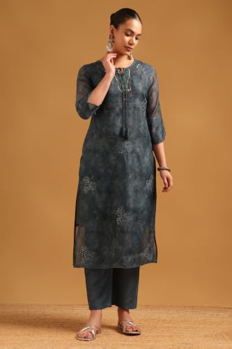 Soch Womens Grey Chanderi Digital Printed Botanical Salwar Suit With Cutdana