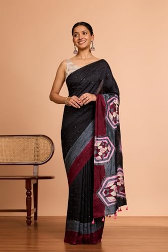 Taneira Women Black Murshidabad Pure Silk Hand Painted Mukesh Saree with Unstitched Blouse Piece (SAIH01AC1396-Black)