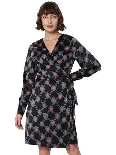 VERO MODA Women Printed Polyester Knee Length Black Wrap Dress