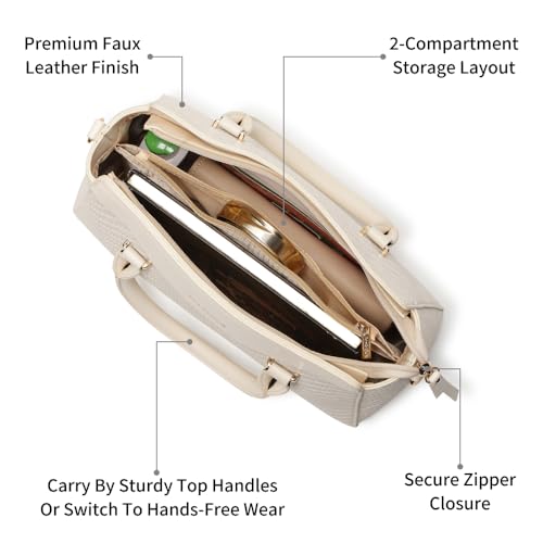 Fastrack Ivory Gridelle Satchel Handbag for Women | Premium Faux Leather Weave Design | White Structured Satchel with Zipper Closure | Dual Compartment with Organizer Pockets