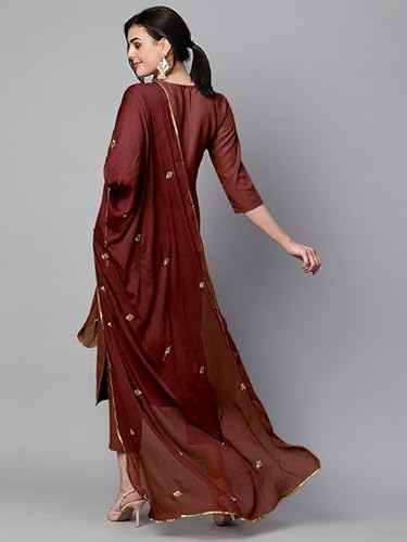 HF HOLYDAY FASHION Straight Cotton Blend Designer Embroidered Work Sweetheart Round Neck Kurta Set with Pant & Dupatta for Women Coffee