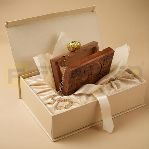 FITTINGO Wooden Clutch Purse for Women 11.5 x 5.5 x 19 cm | Rectangular Handcrafted Wooden Purse Bag with Chain | Stylish Hard Wood Clutch for Party Wedding Casual Use Premium Wooden Handbag- Model 3