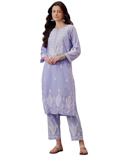 Ada Women Cotton Straight Fit Hand Embroidered Lucknowi Chikankari Mauve Kurta with Pant Co-Ord Set A811298 (XL)