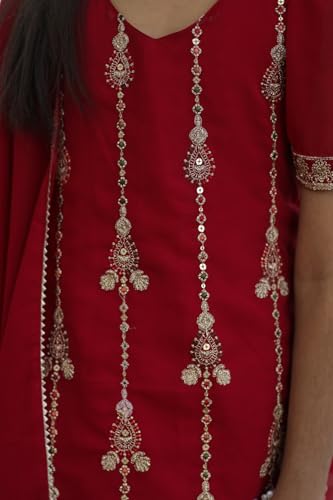 DIGILINE Girls Maroon Georgette Embriodered U Neck Short Sleeve Kurti Dhoti Pants Set With Dupatta | Traditional Stylish Straight Kurti Dhoti Pants Suits Set for Girls