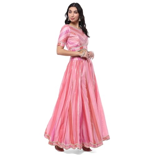 Pink Polyester Straight Lehenga Set