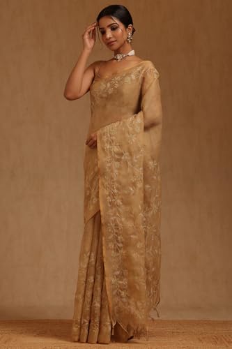 Soch Womens Gold Linen Floral Printed Saree With Zari