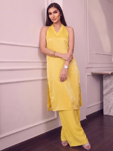 Varanga Women Yellow Kurta Trousers Set V Neck Sleeveless Silk Blend