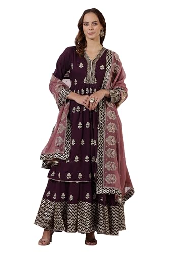Wishful Purple Pure Cotton Flared Dress & Dupatta for Women (Size: 3XL)-24AUSP11997-400749