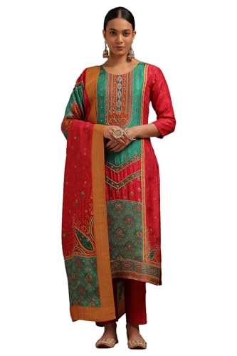 Soch Womens Fuchsia Brocade Floral Print Suit Set With Sequins