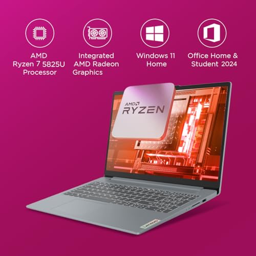 Lenovo IdeaPad Slim 3 Ryzen 7 5825U 15.6" (39.6cm) FHD Thin and Light Laptop (16GB RAM/512GB SSD/Backlit Keyboard/Windows 11/ Office 2024/Grey/1.6Kg), 82XM01C9IN