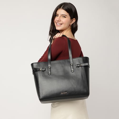 Fastrack Black Powermode Laptop Tote For Women | Black Faux Leather Bag | Fits Upto 15" Laptop | Ladies Tote Bag with Zipper Closure & Utility Pockets