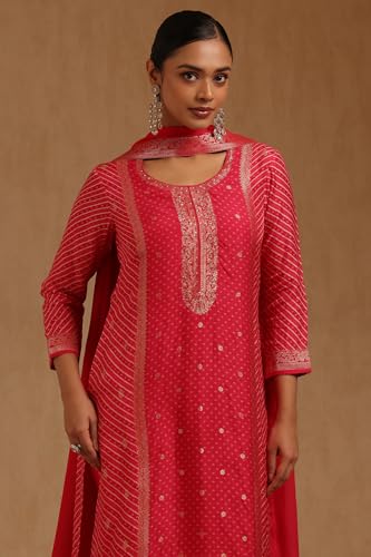 Soch Womens Fuchsia Dola Silk Bandhani Print Suit Set With Sequins