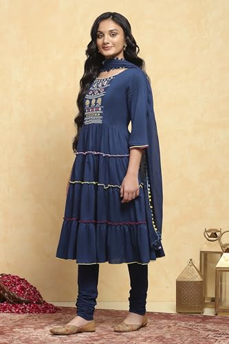 BIBA Girl's Navy Blue Cotton Tiered Solid Suit Set